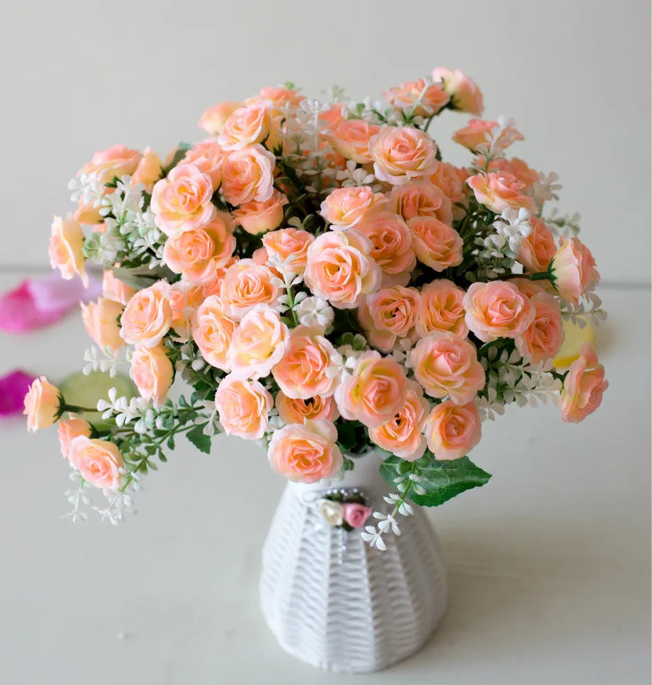 30cm 15Heads Artificial Mini Roses Flower Bouquet Home Living Room Office Desktop Ornament Fake Flowers Wedding Party Decor