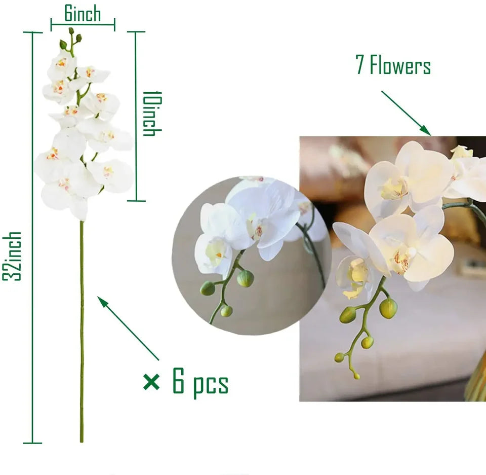 32" Artificial Butterfly Orchid Set Fake Latex Flowers 6 Pcs Artificial Orchid Stem Plants Real Touch Hand Set for Wedding Home